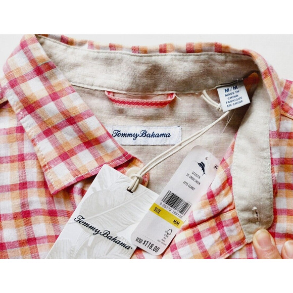 Tommy Bahama Men's Size M Camp Shirt St. Croix Check Clarete Linen New - Picture 4 of 8